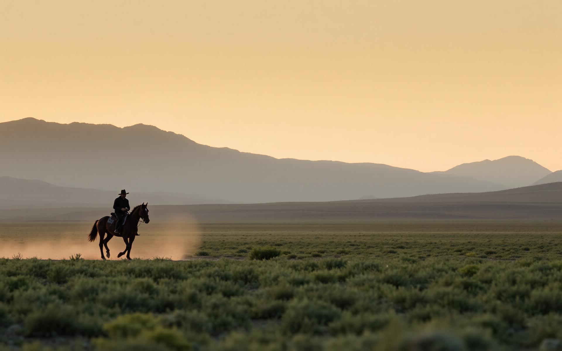 Cavalier au galop dans un paysage immense au coucher du soleil